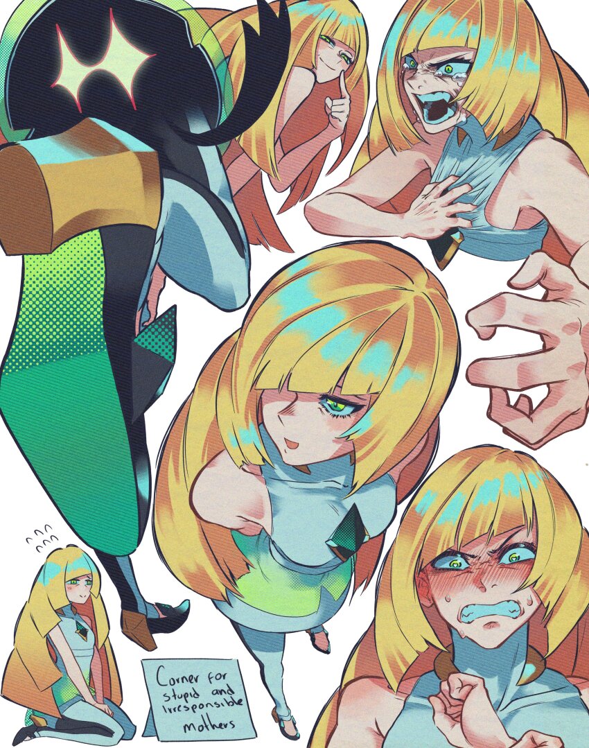 1girl absurdres andrich_galam angry black_leggings blonde_hair blush claw_pose clenched_teeth commentary creatures_(company) cropped_torso crying dress embarrassed english_commentary english_text fangs foreshortening from_above from_below full_body game_freak gem gen_7_pokemon gradient_clothes gradient_dress green_dress green_eyes green_gemstone hair_over_one_eye high_heels highres leggings long_hair looking_to_the_side lusamine_(pokemon) mature_female mimikyu multiple_views nintendo open_mouth pokemon pokemon_sm pulling_own_clothes seiza sitting sleeveless sleeveless_dress sparkle streaming_tears sweat sweatdrop tears teeth two-tone_leggings upper_body v_arms white_dress white_leggings z-move
