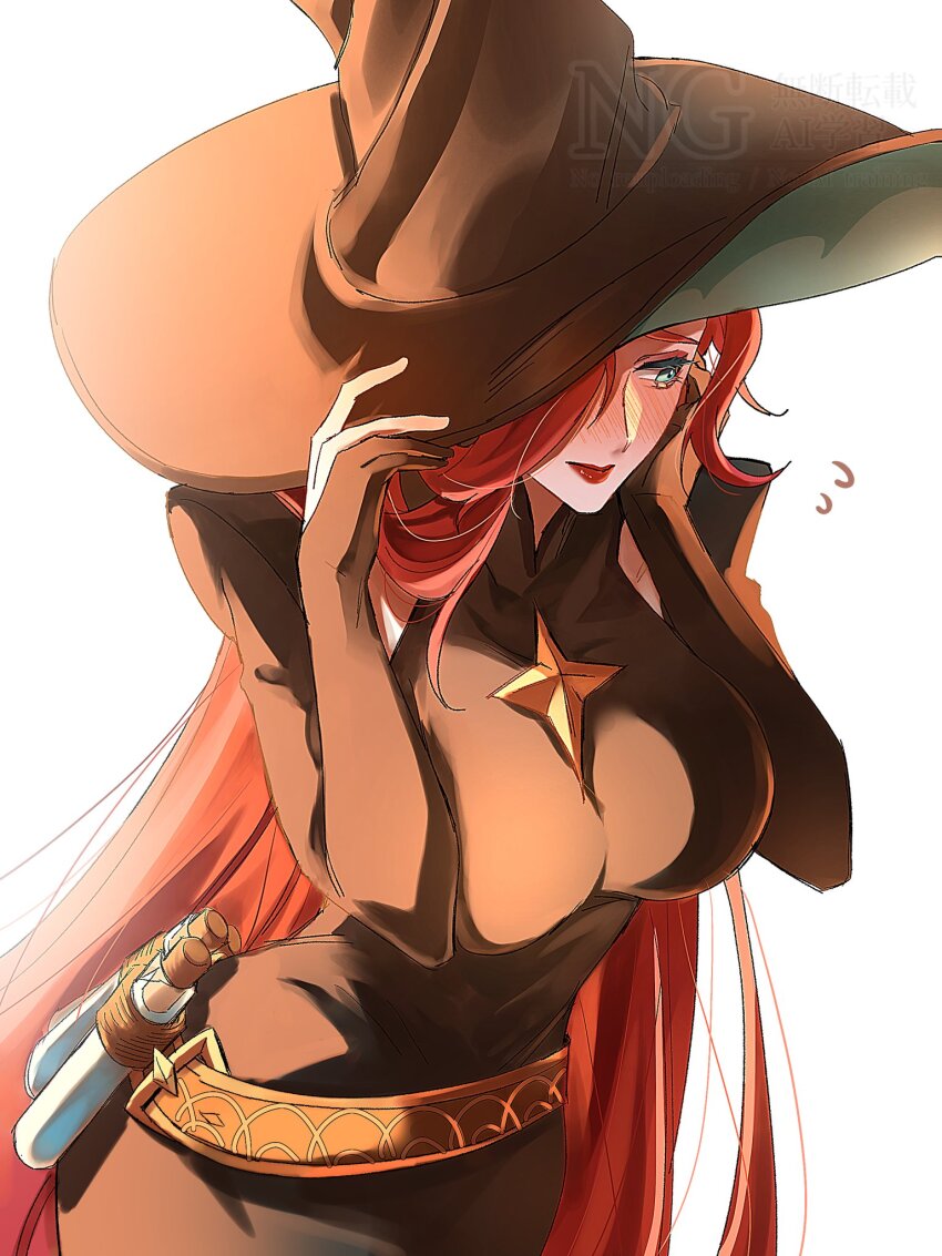 1girl afk_(series) afk_journey aqua_eyes belt belt_buckle black_dress blush breasts buckle covering_face cowboy_shot dress embarrassed four-pointed_star gloves hair_over_one_eye hand_on_own_cheek hand_on_own_face hands_on_headwear hat highres large_breasts long_hair looking_to_the_side mirael_(afk) parted_bangs partially_fingerless_gloves potion red_hair red_lips sakiika_sakki sidelighting simple_background solo star_ornament straight_hair striped_blush vial watermark white_background witch_hat