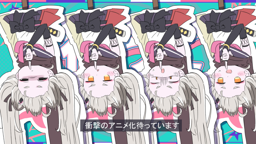 1girl black_bow blue_archive blush_stickers bow closed_mouth commentary_request forehead grey_hair guriin half-closed_eyes highres kuji-in long_hair michiru_(blue_archive) multiple_views ninja open_mouth orange_eyes outline pleated_skirt purple_sailor_collar purple_skirt sailor_collar school_uniform serafuku shirt short_eyebrows skirt sleeveless sleeveless_shirt small_sweatdrop sweat thick_eyebrows translation_request twintails upside-down very_long_hair white_outline white_shirt wide-eyed