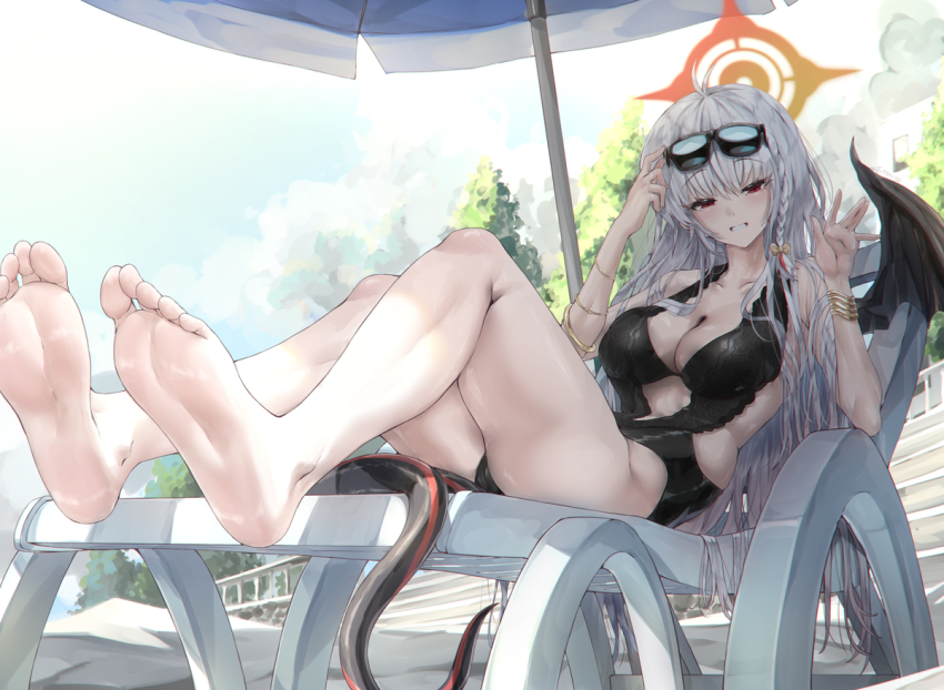 bare_legs barefoot black_shirt black_tail black_wings bloom blue_archive breasts chair cleavage day deck_chair feet grin hair_ornament halo haruna_(blue_archive) large_breasts legs looking_at_viewer outdoors pale_skin parasol red_eyes shade shirt smile soles sunglasses sunglasses_on_head sunnysideup swimsuit tail thighs toes tree umbrella waving white_hair wings