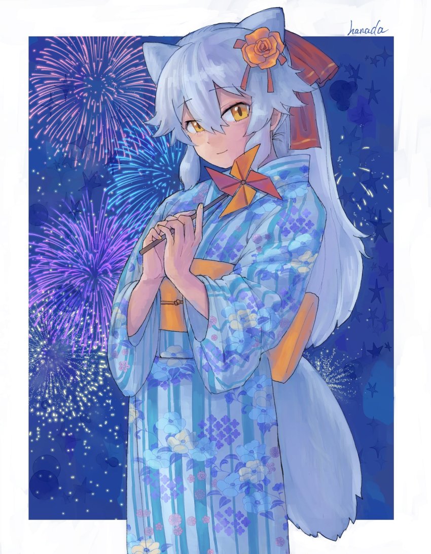 1girl alternate_costume animal_ears arctic_fox_(kemono_friends) belt blue_kimono commentary_request extra_ears fireworks floral_print flower fox_ears fox_girl fox_tail hair_flower hair_ornament hanada_(cobalt003) highres japanese_clothes kemono_friends kimono long_hair looking_at_viewer pinwheel pinwheel print_kimono tail white_hair yellow_belt yellow_eyes yukata