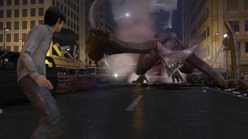 car city city_shrouded_in_shadow daiei_film destruction gamera:_guardian_of_the_universe gamera_(series) giant giant_monster granzella gyaos highres kadokawa kaiju misaki_ken monster motor_vehicle night veins veiny_wings wings