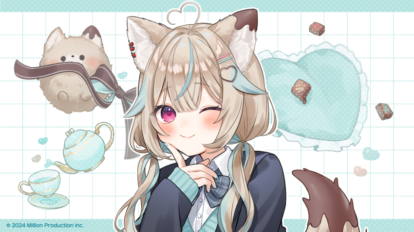 1girl ahoge amakami_konomi animal_ears black_jacket blue_hair blue_ribbon blush brown_hair brown_ribbon brown_tail buttons collared_shirt commentary_request cup double_helix grid_background hair_ornament hairclip heart heart-shaped_eyes heart-shaped_pupils heart_ahoge heart_hair_ornament jacket kaisake_(utp) looking_at_viewer low_twintails million_production multicolored_hair neck_ribbon one_eye_closed pink_eyes plaid_ribbon plate ribbon shirt sleeves_past_wrists smile solo streaked_hair symbol-shaped_pupils teacup teapot twintails virtual_youtuber white_background white_shirt wing_collar wolf_ears wolf_girl