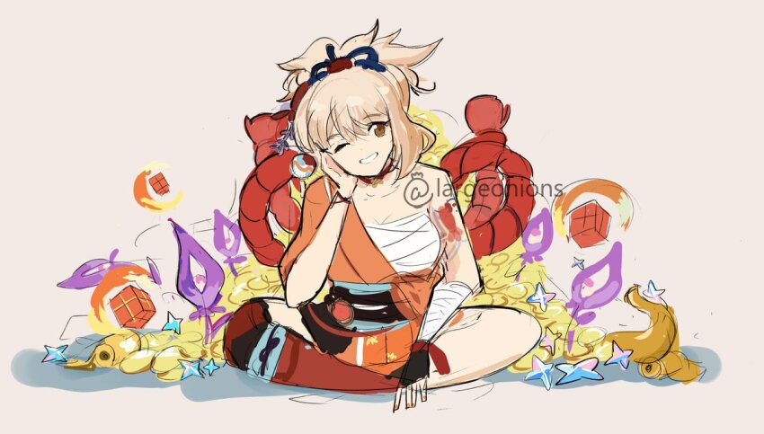 1girl arm_tattoo asymmetrical_clothes bandaged_arm bandages blonde_hair butterfly_choker chest_sarashi choker coin crossed_legs fingerless_gloves fish_tattoo genshin_impact gloves gold gold_coin hadanugi_dousa hair_ornament japanese_clothes kimono largeonions mora_(genshin_impact) naku_weed open_clothes open_kimono open_mouth orange_kimono ponytail primogem rope sarashi shimenawa single_fingerless_glove sitting smile tattoo yoimiya_(genshin_impact)