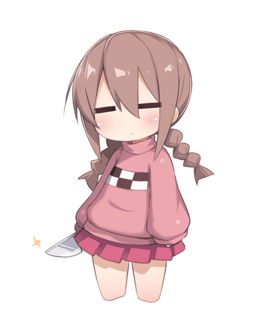 1girl braid brown_hair closed_eyes closed_mouth commentary_request cropped_legs dot_mouth hair_between_eyes highres holding holding_knife knife long_hair long_sleeves madotsuki no_nose pink_skirt pink_sweater pleated_skirt sidelocks skirt sleeves_past_wrists solo sweater tamase_tama turtleneck turtleneck_sweater twin_braids white_background yume_nikki