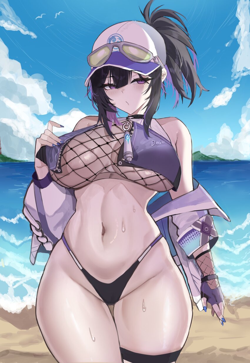 1girl absurdres beach bikini black_hair black_survival breasts day eternal_return:_black_survival fishnet_top fishnets highres k.dogo large_breasts nail_polish navel ocean purple_eyes purple_nails sand solo swimsuit tsubame_(black_survival)