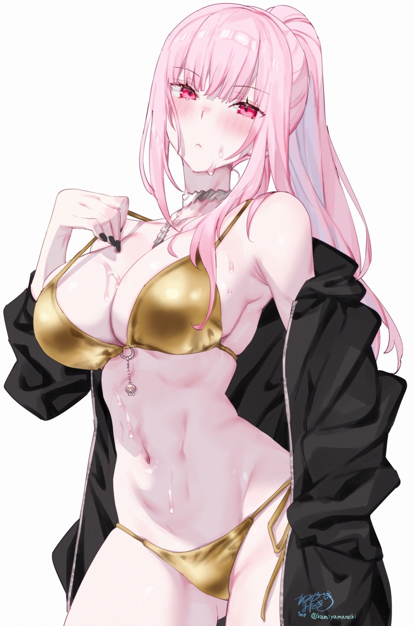 1girl absurdres alternate_costume bikini black_jacket black_nails blunt_bangs blush breasts cleavage cowboy_shot gold_bikini golden_week hand_in_pocket hand_up highres hololive hololive_english jacket kamiya_maneki large_breasts long_hair looking_at_viewer mori_calliope nail_polish navel open_clothes open_jacket pink_eyes pink_hair side-tie_bikini_bottom sidelocks simple_background solo stomach string_bikini suggestive_fluid sweat swimsuit virtual_youtuber white_background