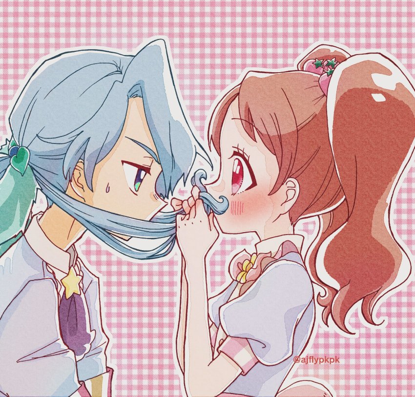 1boy 1girl aji_fry aqua_eyes ascot blue_dress blue_hair blush bow bowtie brown_hair checkered_background collar commentary covered_mouth dress fake_facial_hair fake_mustache flower_symbol food-themed_hair_ornament from_side hair_ornament half-closed_eyes highres kirakira_patisserie_uniform kirakira_precure_a_la_mode leaf_hair_ornament long_hair looking_at_another low_ponytail outline pikario_(precure) pink_eyes pink_neckwear ponytail precure puffy_short_sleeves puffy_sleeves purple_neckwear short_sleeves star_(symbol) strawberry_hair_ornament sweatdrop twintails twitter_username upper_body usami_ichika white_collar white_outline