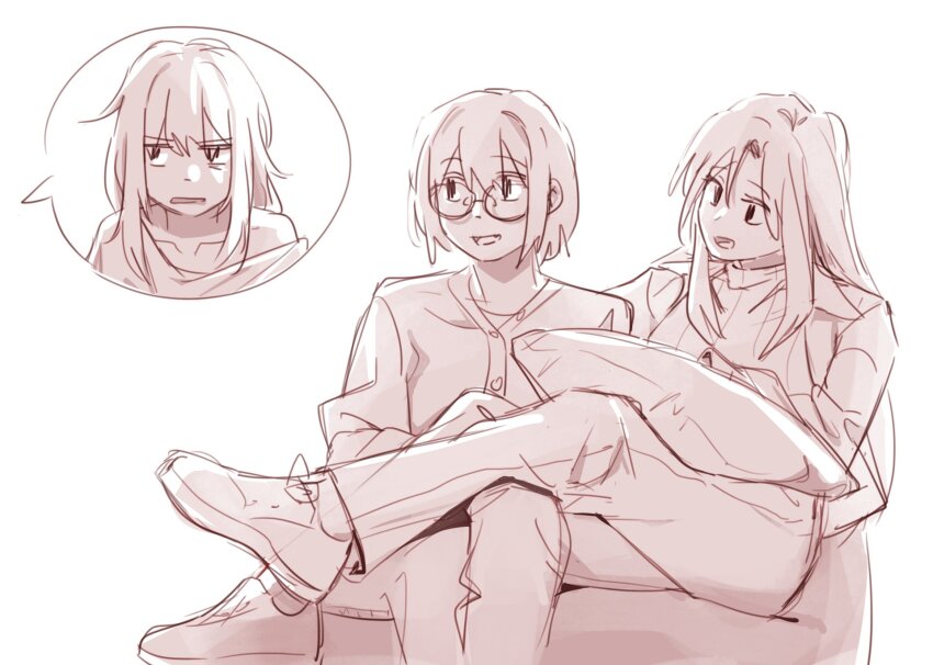 3girls commentary egakuning english_commentary fang glasses highres kamikoshi_sorawo kozakura_(urasekai_picnic) legs_on_another&#039;s_lap long_hair long_sleeves monochrome multiple_girls nishina_toriko off_shoulder open_mouth pants photo-referenced shirt shoes short_hair simple_background single_bare_shoulder sitting smile spoken_character urasekai_picnic white_background