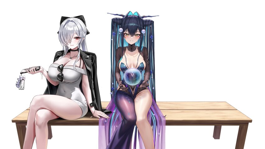 2girls absurdres black_dress black_hair black_jacket breasts bubble cinderella_(beautiful_me)_(nikke) cinderella_(nikke) cleavage crossed_legs dress goddess_of_victory:_nikke green_hair grey_dress hair_intakes hair_over_one_eye highres holding holding_phone jacket large_breasts little_mermaid_(abyss_flower)_(nikke) little_mermaid_(nikke) long_hair multiple_girls official_alternate_costume on_bench parted_lips phone red_eyes simple_background sitting smile very_long_hair white_background white_hair yellow_eyes yerim