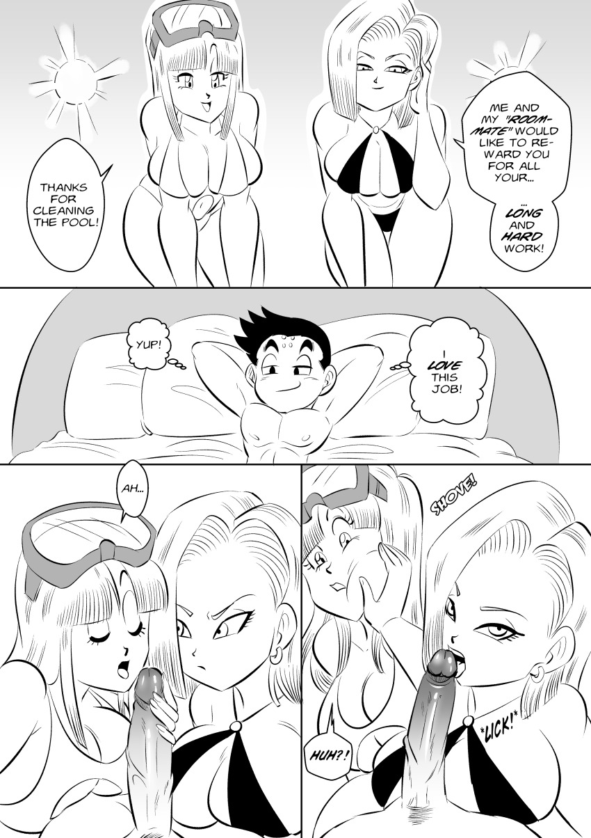 1boy 2girls absurdres android_18 ass black_hair breasts buttjob couple dragon_ball fellatio funsexydragonball highres huge_ass husband_and_wife kuririn large_breasts large_penis maron_(dragon_ball) multiple_girls muscular muscular_male oral penis thick_thighs thighs