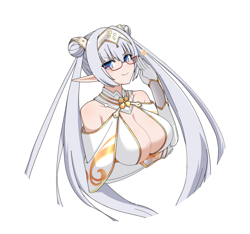 1girl arm_guards bare_shoulders blue_eyes blush breasts britomart_(fate) britomart_(second_ascension)_(fate) capelet center_opening cleavage double_bun dress drill_bulbul elbow_gloves fate/grand_order fate_(series) glasses gloves gold_trim grey_hair hair_bun hairband large_breasts long_hair looking_at_viewer pointy_ears smile solo taut_clothes taut_dress twintails very_long_hair white_capelet white_dress white_gloves