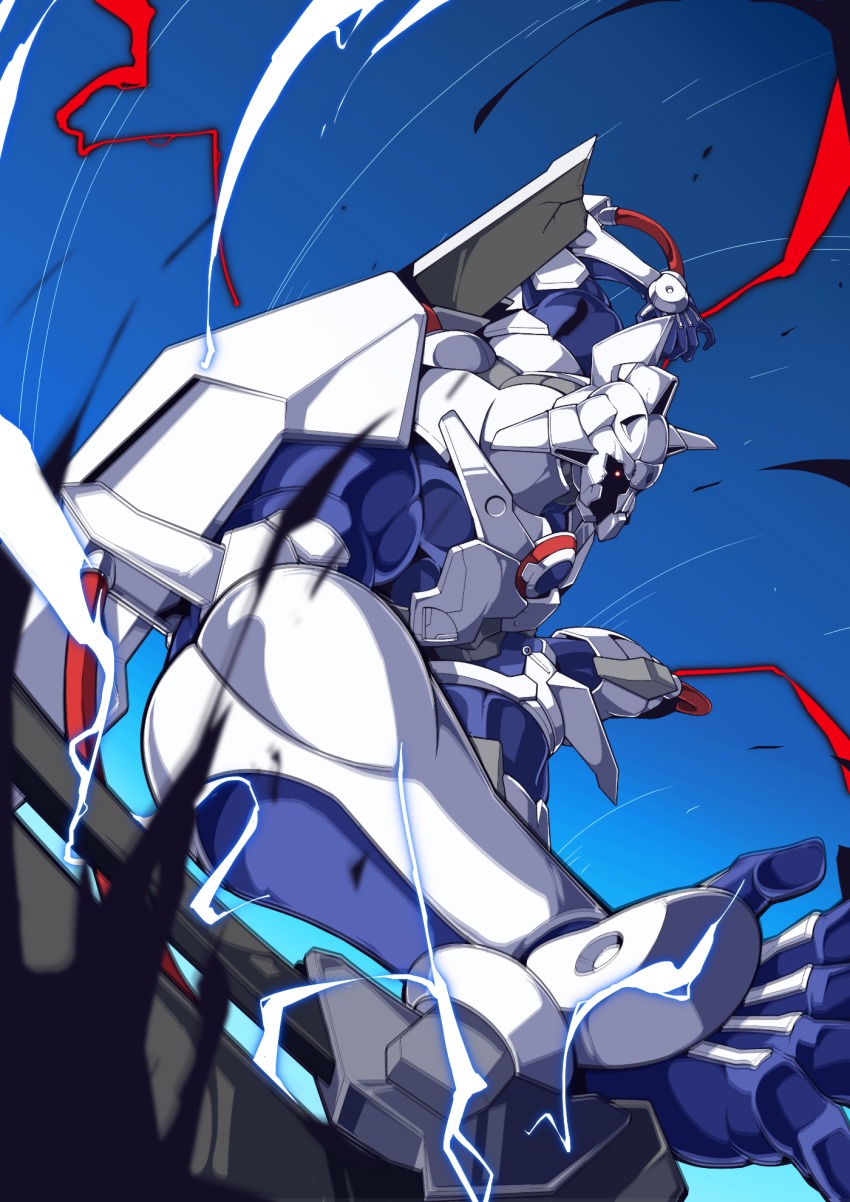 arm_blade broken broken_sword broken_weapon cable damaged dann_of_thursday electricity gamiani_zero glowing glowing_eye gunxsword highres mecha robot slashing sword weapon wrist_blades
