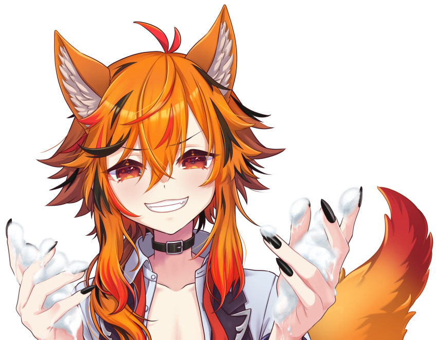1girl animal_ears belt belt_collar black_belt black_hair black_nails black_vest collar collarbone fingernails fox_ears fox_girl fox_tail grin hair_between_eyes highres kazami_kuku kemonomimi_mode large_variant_set long_bangs long_hair looking_at_viewer multicolored_hair nail_polish nanashi_inc. open_clothes open_shirt open_vest orange_eyes orange_hair red_hair reona_kfc02 shirt simple_background smile soap_bubbles solo tail transparent_background upper_body v-shaped_eyebrows variant_set vest virtual_youtuber white_shirt