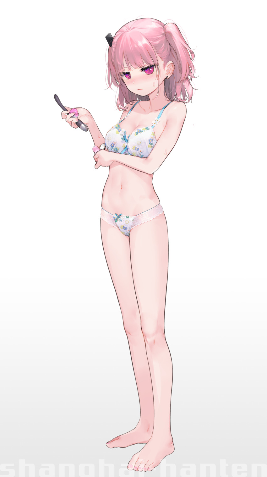 1girl absurdres barefoot blush bow bow_panties bra breasts cleavage earrings floral_print full_body gradient_background hair_ornament highres ishikawa_mami jewelry lace lace-trimmed_panties lace_trim lingerie massager medium_breasts medium_hair nail_polish navel non-web_source nose_blush original panties pink_eyes pink_hair pink_nails print_bra print_panties solo stud_earrings sweat toenail_polish toenails toes two_side_up underwear underwear_only