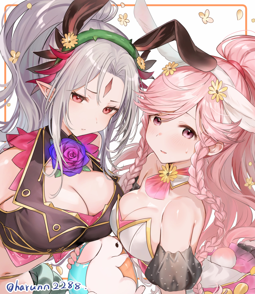 2girls animal_ears bare_shoulders braid breasts cleavage egg fire_emblem fire_emblem_awakening fire_emblem_heroes flower grey_hair haru_(nakajou-28) highres jewelry large_breasts long_hair medium_breasts multicolored_hair multiple_girls nintendo nontraditional_playboy_bunny official_alternate_costume official_alternate_hairstyle olivia_(fire_emblem) olivia_(spring)_(fire_emblem) pink_hair plumeria_(fire_emblem) plumeria_(spring)_(fire_emblem) ponytail red_eyes simple_background very_long_hair white_background