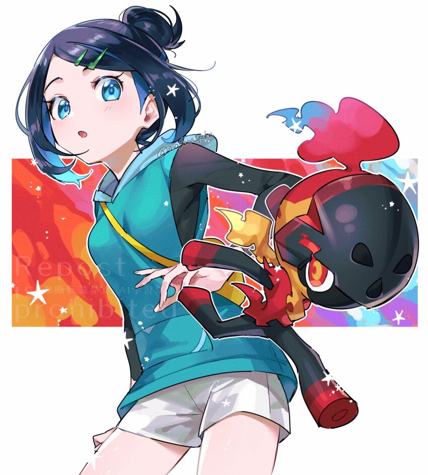 1girl :o black_hair black_shirt blue_eyes blue_hair blue_hoodie charcadet colored_inner_hair hair_bun hair_ornament hairclip highres hood hoodie liko_(pokemon) looking_at_another mayona_(mayona1poke) multicolored_hair nintendo open_mouth pokemon pokemon_(anime) pokemon_(creature) pokemon_horizons shirt short_hair shorts sleeveless sleeveless_hoodie twitter_username two-tone_hair white_shorts