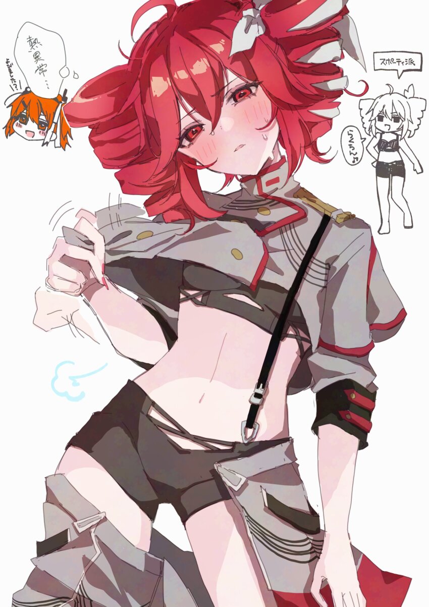 1girl a.i._voice adachi_rei ahoge arm_at_side black_bra black_sleeve_cuffs blush bow boyshort_panties bra breasts buttons commentary_request cowboy_shot double-breasted double-parted_bangs drill_hair fanning_self grey_jacket grey_skirt hair_between_eyes hair_bow half-closed_eyes high_collar highres hot jacket kasane_teto kasane_teto_(sv) looking_at_viewer medium_hair midriff musical_staff musical_staff_print parted_lips red_eyes red_hair red_nails red_trim shoulder_boards sidelocks simple_background skirt sleeve_cuffs sleeves_pushed_up small_breasts solo_focus sotsunaku speech_bubble stomach suspenders sweat synthesizer_v thighs thought_bubble translation_request twin_drills underwear undressing utau white_background white_bow