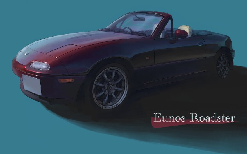 blue_background car convertible eunos_roadster highres itsuki_gen mazda mazda_mx-5 mazda_mx-5_na motor_vehicle no_humans original shadow steering_wheel vehicle_focus vehicle_name