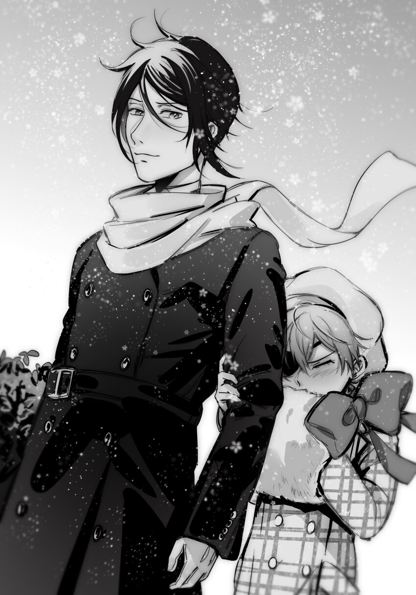 2boys absurdres black_hair blush bow child ciel_phantomhive closed_eyes closed_mouth earrings eyelashes eyepatch gloves hair_between_eyes hat highres jewelry kuroshitsuji long_sleeves male_focus multiple_boys scarf sebastian_michaelis short_hair smile snowing uneasywolf