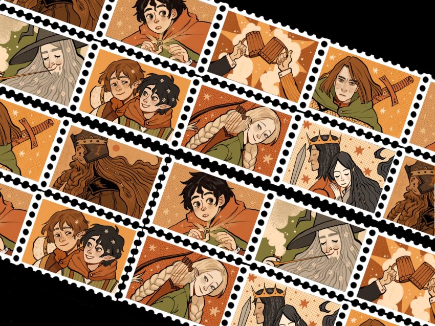1girl 6+boys aragorn armor arrow_(projectile) arwen beard black_background black_eyes black_hair black_shirt border boromir bow_(weapon) braid braided_beard brown_hair chainmail cloak closed_eyes dwarf elf facial_hair flower frodo_baggins frown gandalf gimli glowing_jewelry green_background green_cloak grey_hair grey_hat hair_flower hair_ornament halfling hat helmet highres hug hug_from_behind jewelry legolas limited_palette long_beard long_hair masking_tape_(medium) medium_hair meriadoc_brandybuck multiple_boys multiple_views orange_background orange_cloak orange_hair orange_shirt peregrin_took pointy_ears quiver ring samwise_gamgee shirt short_hair smile smoking_pipe sparkle sword sword_on_back the_lord_of_the_rings tolkien&#039;s_legendarium twin_braids weapon weapon_on_back white_border white_flower wizard_hat yaroslava_murashko