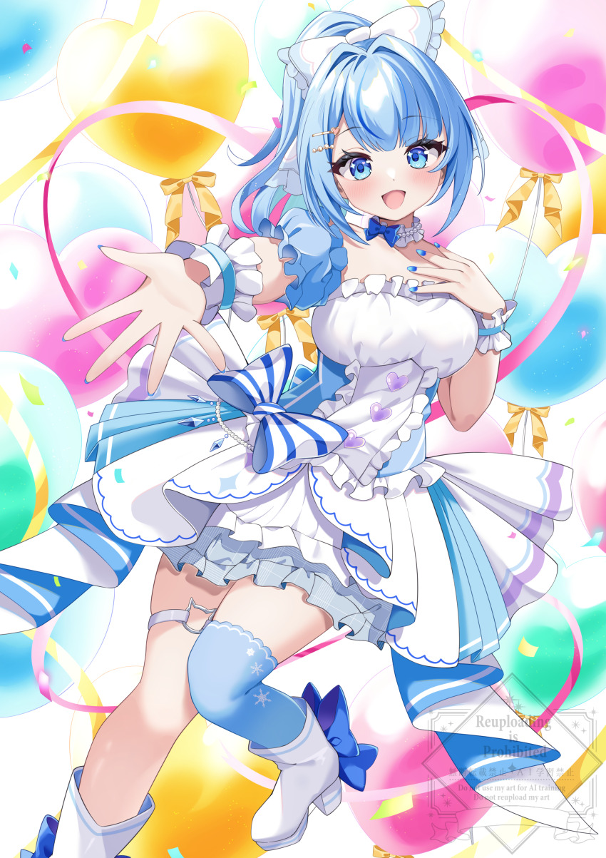 1girl absurdres applying_manicure blue_eyes blue_hair blue_nails blue_socks blush boots breasts dress elegant_(sumisumi4268) hair_intakes highres indie_virtual_youtuber kneehighs long_hair medium_breasts nail_polish open_mouth ponytail skirt socks solo strapless strapless_dress tongue virtual_youtuber white_boots white_dress white_skirt