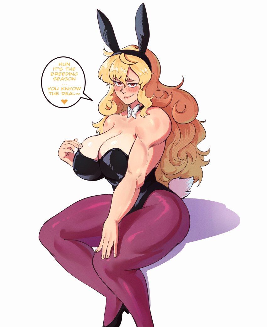1girl absurdres animal_ears bare_shoulders black_choker black_footwear black_leotard blonde_hair blush bow bowtie breasts choker cleavage commentary easter english_commentary english_text fake_animal_ears fake_tail fingernails full_body hentaly high_heels highres huge_breasts leotard long_hair looking_at_viewer muscular muscular_female pantyhose playboy_bunny pumps purple_pantyhose rabbit_ears rabbit_tail red_eyes rwby shy sitting solo speech_bubble strapless strapless_leotard tail tan tanline thick_thighs thighs white_bow white_bowtie yang_xiao_long