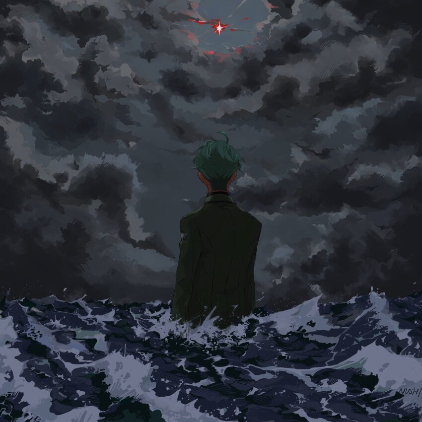 1boy back challia_bull comet from_behind green_hair grey_sky gundam gundam_gquuuuuux highres jacket male_focus military_jacket military_uniform nushi_5 ocean short_hair sky solo wading water waves