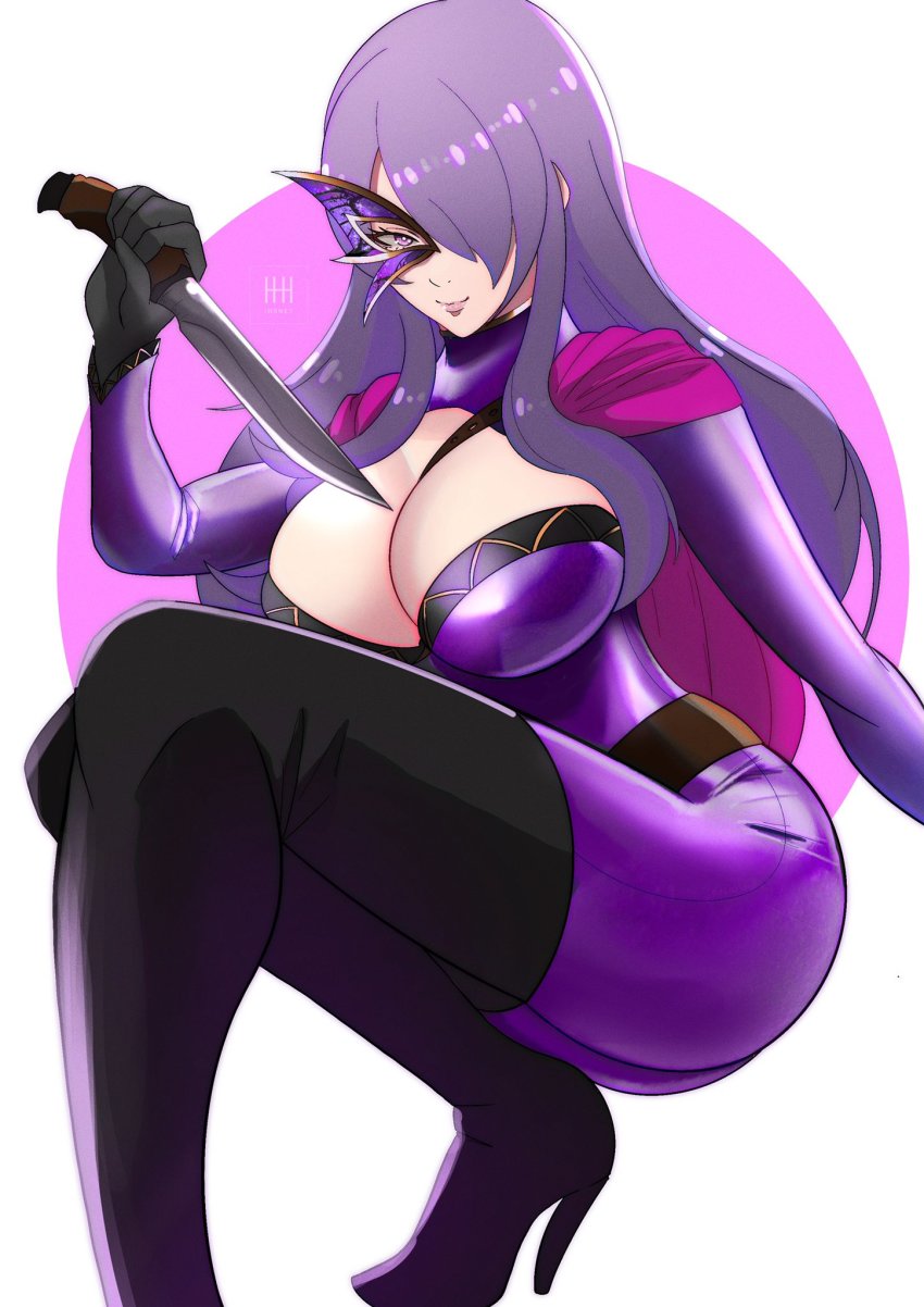 1girl alternate_costume black_boots black_gloves bodysuit boots breast_strap breasts camilla_(fire_emblem) cape cleavage curvy fire_emblem fire_emblem_fates fire_emblem_heroes foreshortening gloves hair_over_one_eye half-closed_eyes half_mask high_heel_boots high_heels highres holding holding_knife huge_breasts ihsnet knife leila_(fire_emblem) leila_(thief)_(fire_emblem) lips long_hair mask nintendo purple_bodysuit purple_eyes purple_hair sidelocks smile solo squatting thigh_boots