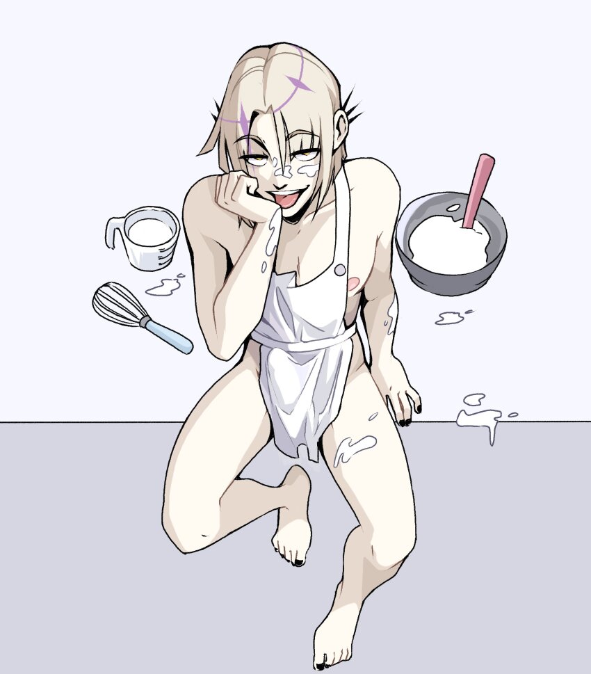 1boy absurdres apron black_nails blonde_hair bulge collarbone erection erection_under_clothes from_above gigglepox highres holostars holostars_english icing icing_on_body icing_on_face magni_dezmond male_focus measuring_cup mixing_bowl nail_polish naked_apron nipples protected_link short_hair sitting solo teeth toenail_polish toenails tongue tongue_out upper_teeth_only whisk white_apron yellow_eyes