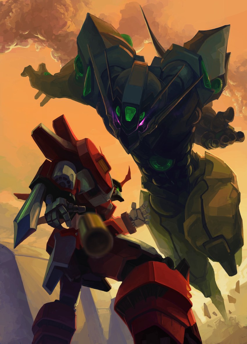 10s absurdres alteisen alteisen_riese ameru.miro arm_blade banpresto casing_ejection glowing glowing_eyes green_eyes guts_(artist) highres mecha no_humans pile_bunker red_eyes robot shell_casing size_difference soulgain super_robot_wars super_robot_wars_og_the_inspector super_robot_wars_original_generation super_robot_wars_original_generation_2 weapon