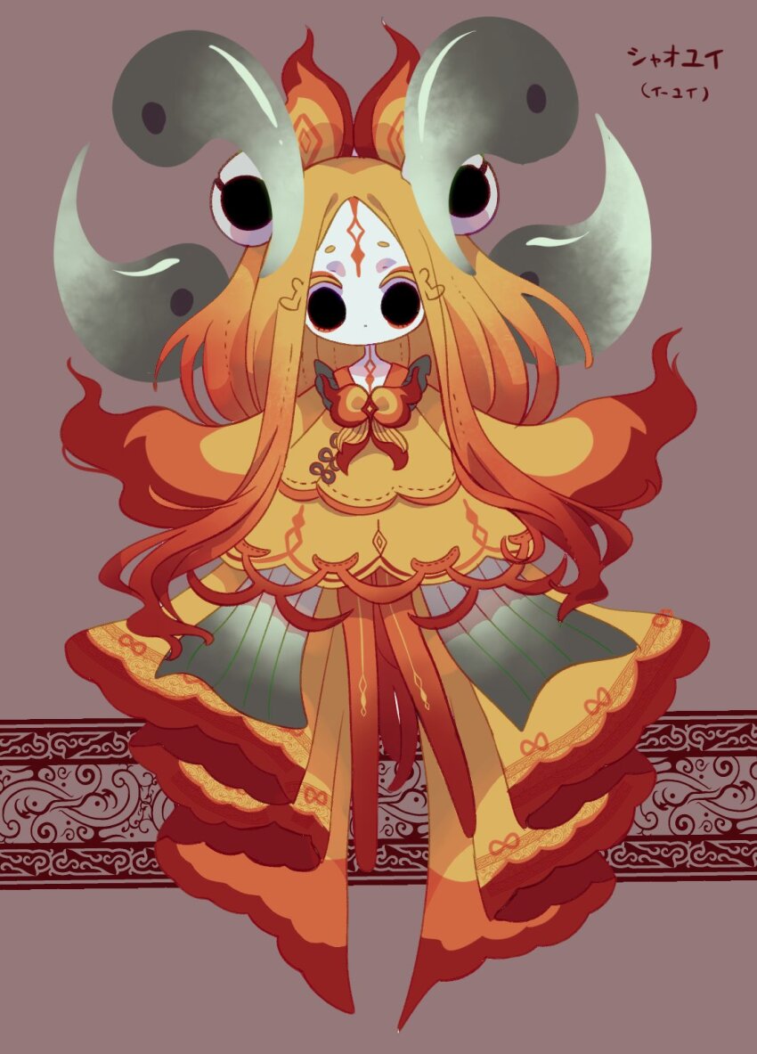 1girl black_eyes blonde_hair body_markings chi-yu_(pokemon) closed_mouth colored_eyelashes colored_skin dress facial_mark forehead_mark full_body highres long_hair long_sleeves magatama mugimochi_g nintendo no_nose orange_pantyhose pantyhose parted_bangs personification pokemon purple_background short_dress short_eyebrows sleeves_past_fingers sleeves_past_wrists solo very_long_hair white_skin yellow_dress