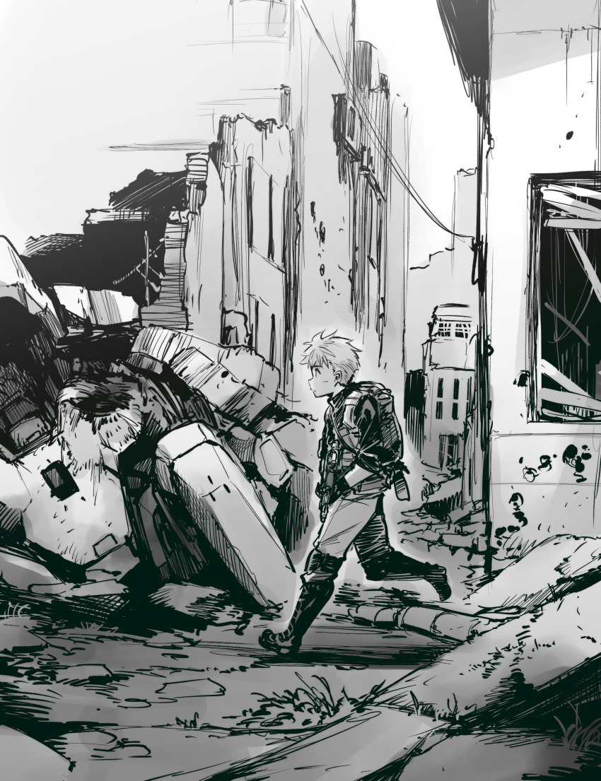 1boy absurdres bulletproof_vest gun highres holding holding_weapon kato_takuji long_sleeves mechanical_buddy_universe monochrome original post-apocalypse rainy_(mechanical_buddy_universe) robot running science_fiction sepia shirt short_hair submachine_gun sweater t-shirt tactical_clothes weapon