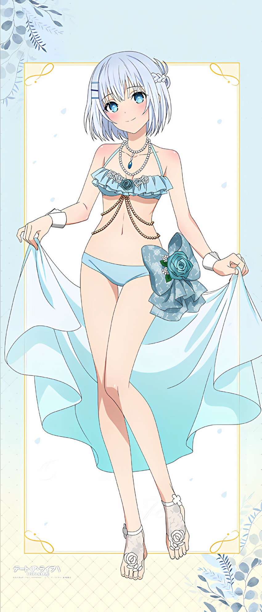 1girl absurdres bare_shoulders bead_necklace beads bikini blue_eyes braid breasts bridal_legwear date_a_live frilled_bikini frills full_body hair_ornament hairclip highres jewelry looking_at_viewer navel necklace official_alternate_costume official_art short_hair smile solo swimsuit third-party_source tobiichi_origami white_hair