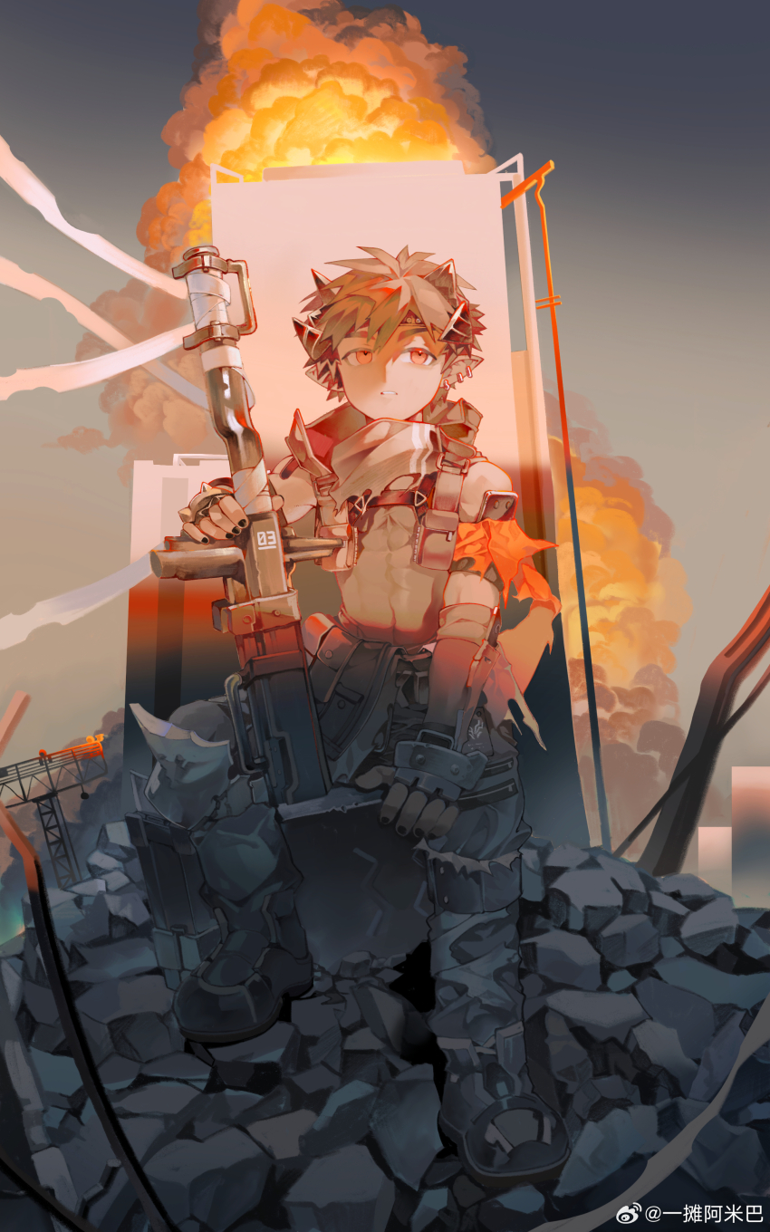 1boy abs absurdres arknights black_boots black_gloves black_pants black_shirt black_vest boots chinese_commentary cloud commentary_request demon_boy demon_horns dusk fingerless_gloves gloves hammer highres horns male_focus muscular muscular_male nail_polish odda_(arknights) pants pointy_ears rubble shirt sitting_on_weapon sleeveless sleeveless_shirt vest watermark weibo_watermark yi_tan_a_mi_ba