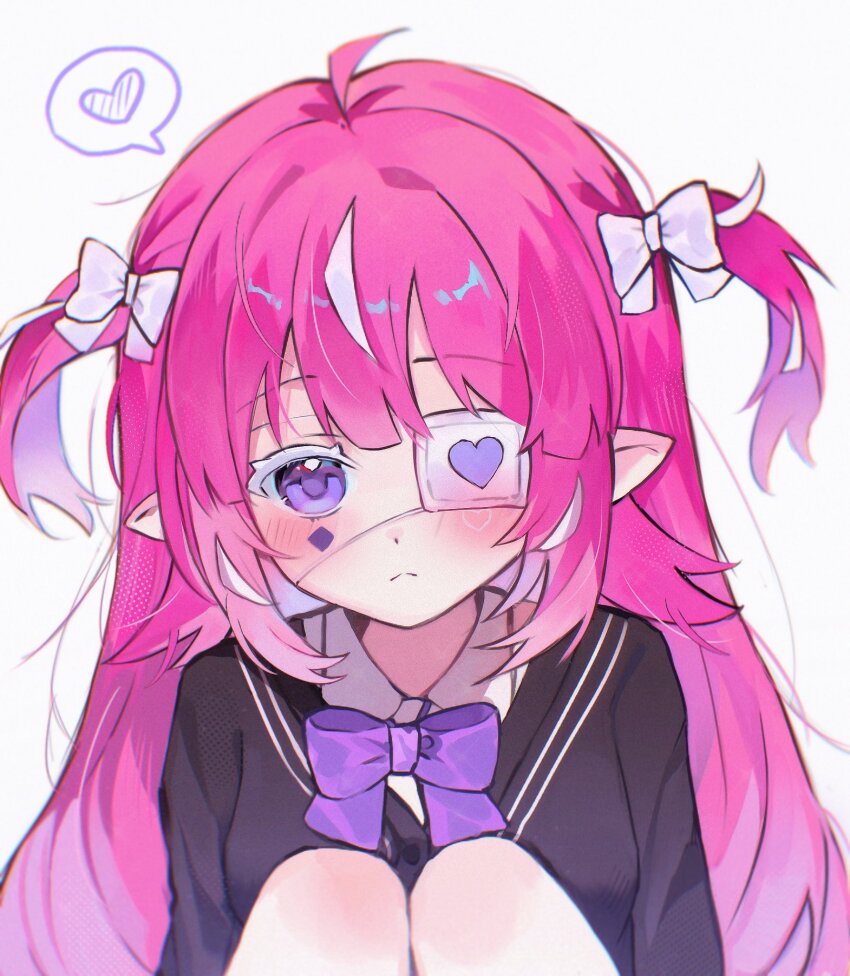 1girl ahoge black_cardigan blush bow bowtie camila_(vtuber) cardigan closed_mouth collared_shirt diamond_facial_mark facial_mark hair_bow hashtag-only_commentary heart heart_facial_mark highres indie_virtual_youtuber long_hair long_sleeves looking_at_viewer multicolored_hair pink_hair pinkpink939 pointy_ears purple_bow purple_bowtie purple_eyes shirt simple_background solo streaked_hair two_side_up upper_body virtual_youtuber white_background white_bow white_hair white_shirt