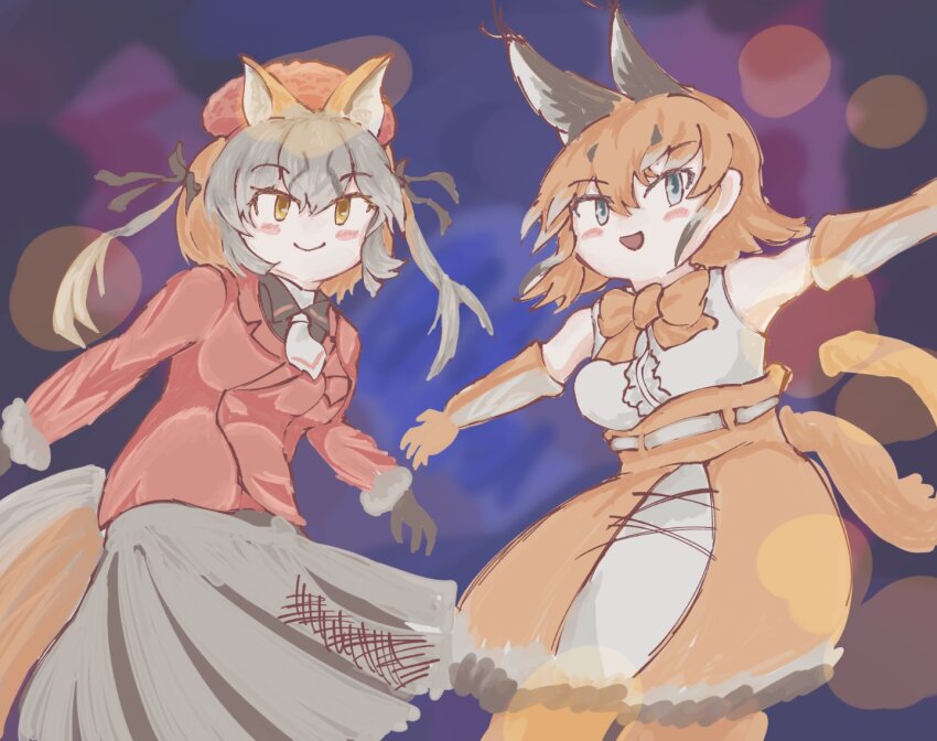2girls animal_ears belt blue_eyes bow bowtie brown_hair caracal_(kemono_friends) cat_ears cat_girl cat_tail elbow_gloves extra_ears fox_ears fox_girl fox_tail gloves grey_hair hat hibiwarenibosi island_fox_(kemono_friends) jacket kemono_friends kemono_friends_v_project long_hair looking_at_viewer multiple_girls necktie orange_hair ribbon shirt simple_background skirt sleeveless sleeveless_shirt tail thighhighs twintails virtual_youtuber yellow_eyes