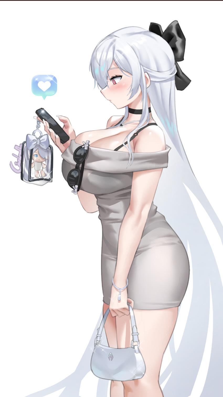1girl absurdres anchanindigo bag black_bow bow breasts cellphone cellphone_charm character_charm charm_(object) choker cinderella_(beautiful_me)_(nikke) cinderella_(nikke) cleavage dongtan_dress dress eyewear_hang goddess_of_victory:_nikke grey_dress hair_bow hair_ornament hair_over_one_eye handbag highres holding holding_bag holding_phone jewelry large_breasts long_hair looking_at_phone meme_attire necklace official_alternate_costume phone red_eyes simple_background smartphone solo taut_clothes taut_dress unworn_eyewear very_long_hair white_background white_hair