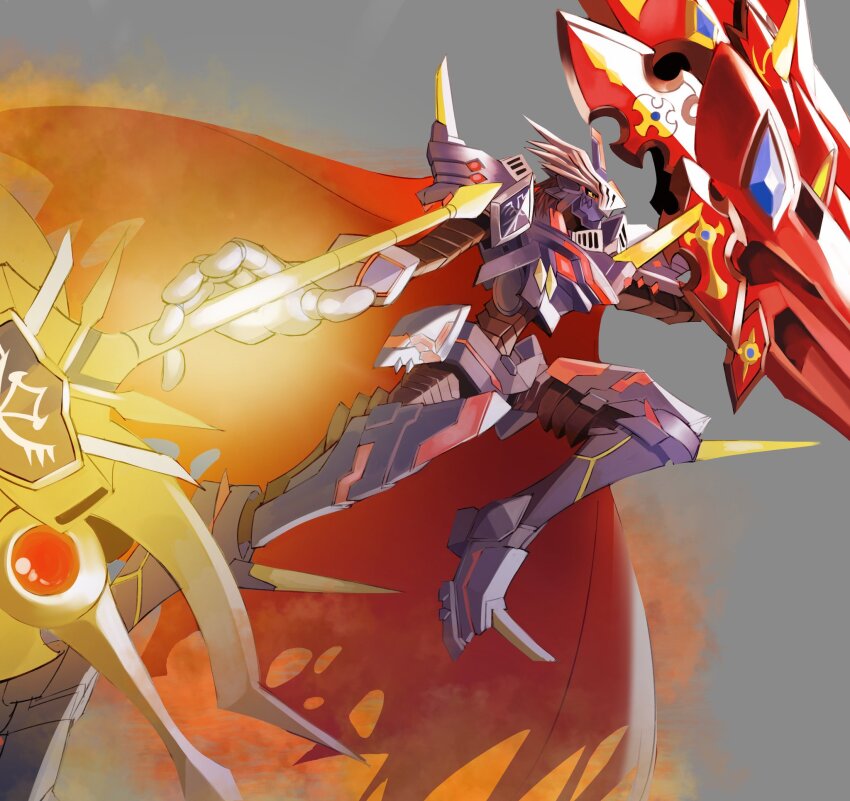 10_09hwan armor asymmetrical_dual_wielding bryweludramon digimon digimon_(creature) dual_wielding durandamon forehead_jewel full_body glowing helmet highres holding holding_shield holding_sword holding_weapon knight purple_armor purple_helmet ragnalordmon shield solo sword weapon winged_helmet