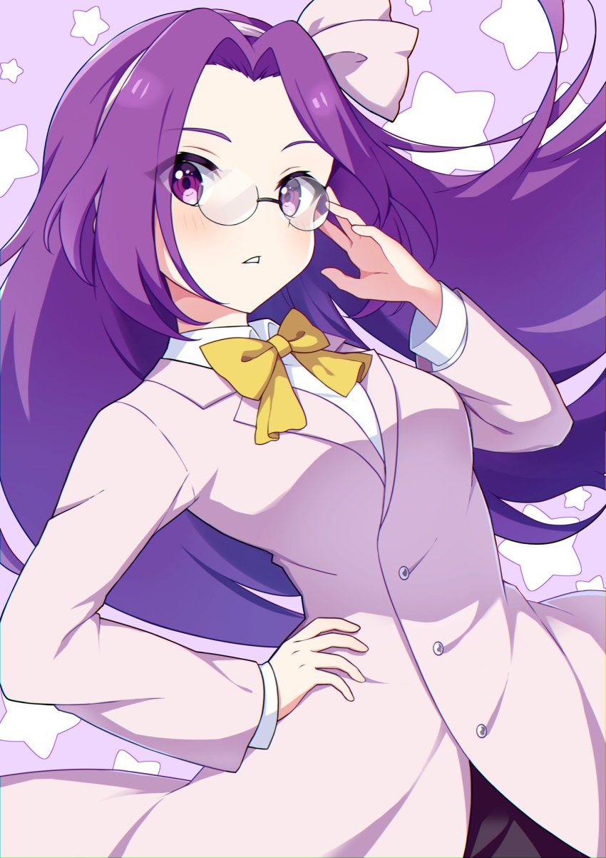 1girl adjusting_eyewear asakura_rikako black-framed_eyewear black_pants breasts buttons closed_lab_coat coat collared_shirt commentary_request dutch_angle glasses hair_ribbon hairband hand_on_own_hip highres lab_coat long_hair long_sleeves looking_at_viewer medium_breasts miz_(mizillustration) pants parted_bangs parted_lips pink_coat purple_eyes purple_hair ribbon round_eyewear semi-rimless_eyewear shirt solo star_(symbol) touhou touhou_(pc-98) under-rim_eyewear upper_body very_long_hair white_coat white_hairband white_ribbon white_shirt