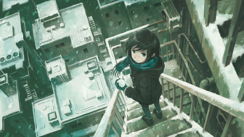 1girl aqua_eyes aqua_gloves aqua_leggings aqua_scarf black_hair black_jacket black_shoes building city cityscape fire_escape from_above from_behind gloves high_up highres hood hood_down hooded_jacket industrial_pipe jacket kensight328 looking_back original rooftop scarf shoes short_hair snowball snowing solo stairs standing winter winter_clothes