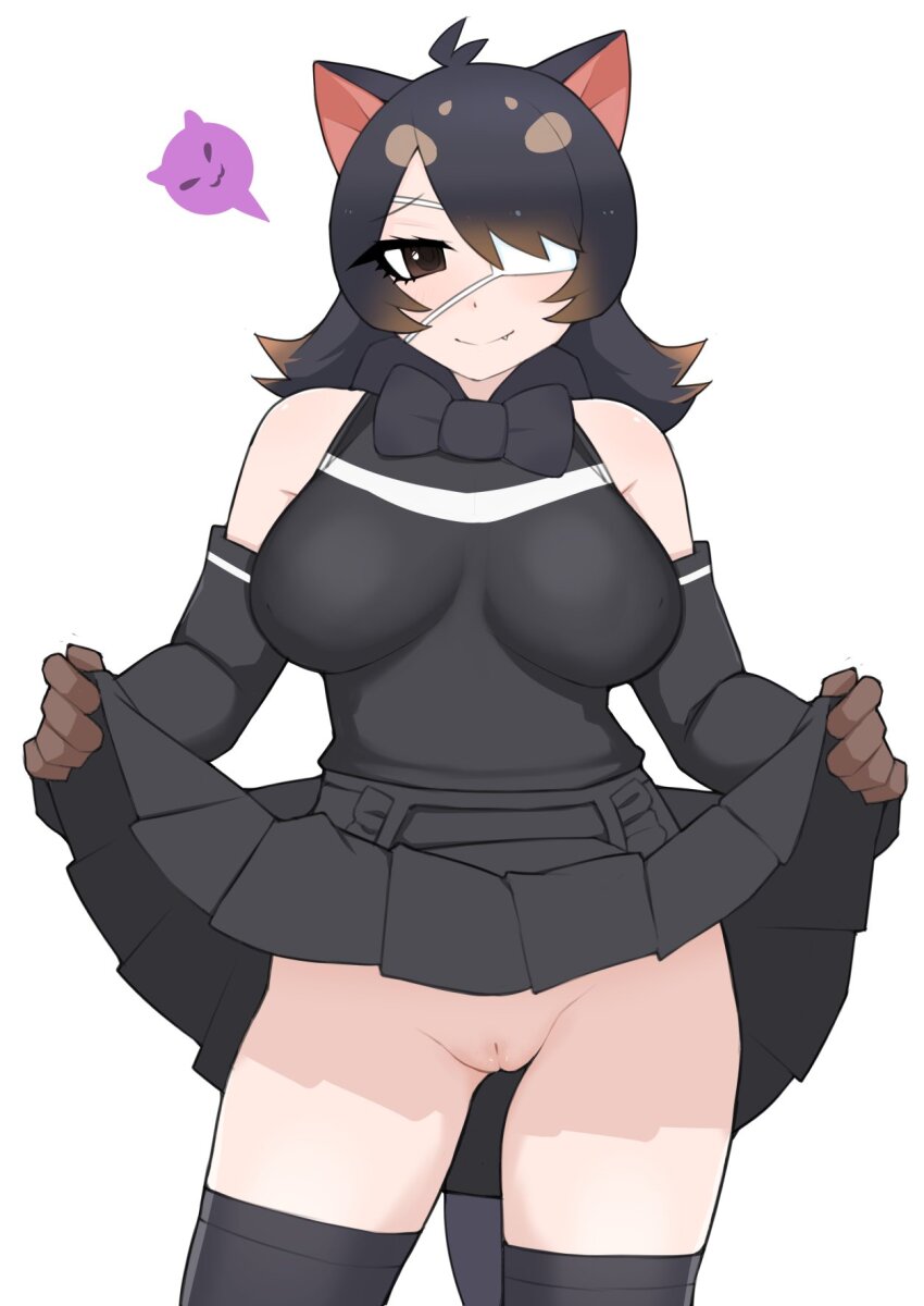 1girl ahoge australian_devil_(kemono_friends) black_dress black_hair black_sleeves black_thighhighs blush brown_eyes brown_gloves closed_mouth commentary contrapposto cowboy_shot demon_emoji detached_sleeves dress emoji eyepatch fang fang_out gloves hair_between_eyes hair_over_one_eye highres illu_(illu_stratos) kemono_friends lifting_own_clothes long_hair looking_at_viewer medical_eyepatch no_panties pleated_dress pussy simple_background sleeveless sleeveless_dress smile solo symbol-only_commentary tasmanian_devil_ears thighhighs uncensored white_background