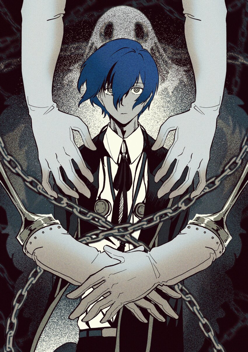 1boy blue_hair chain earphones_removed gekkoukan_high_school_uniform gloves grey_eyes headphones highres otoko_haza persona persona_3 persona_3_reload school_uniform short_hair thanatos_(persona) yuuki_makoto_(persona_3)