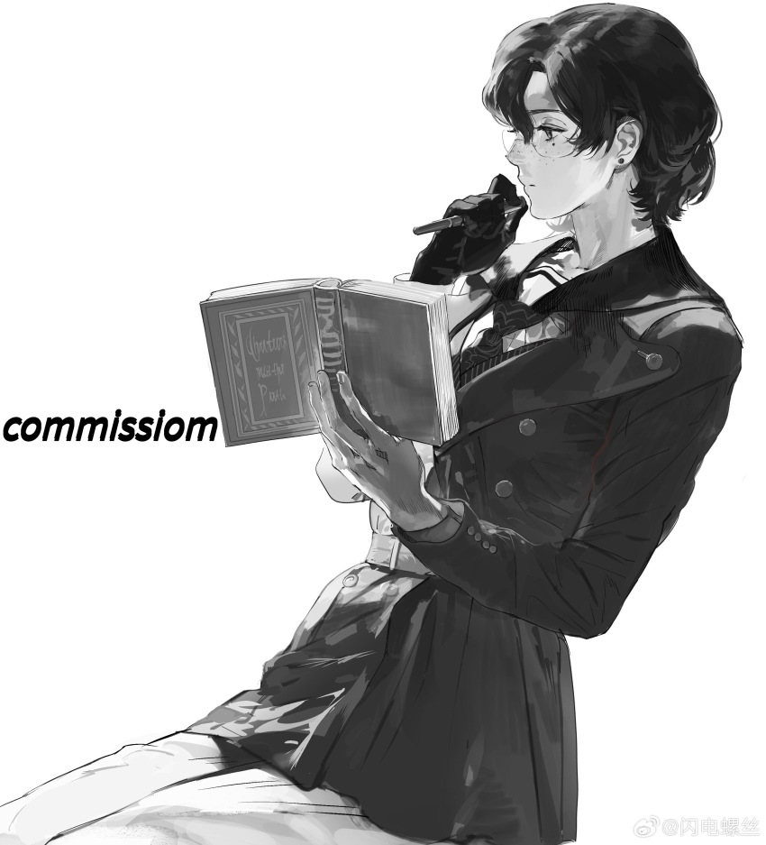 1girl absurdres belt blazer book buttons collared_jacket commission cowboy_shot fingernails freckles gba_dod glasses gloves highres holding holding_book jacket lapel_pin lapels layered_sleeves long_sleeves miniskirt mole mole_under_eye necktie notched_lapels open_book original pleated_skirt round_eyewear short_hair simple_background single_glove sitting skirt solo striped_necktie thick_eyebrows watermark weibo_watermark white_background