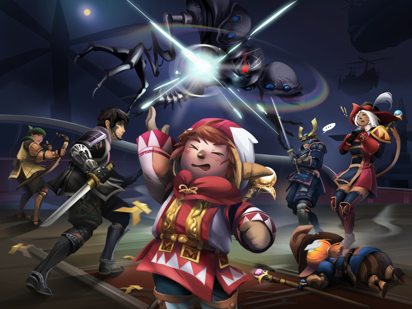 ! !! &gt;_&lt; 1girl 5boys adventurer_(ff11) aircraft airship armor battle beret black_gloves black_hair black_mage_(final_fantasy) blonde_hair bow_(weapon) brown_hair brown_hat casting_spell cat_girl cat_tail commission dark-skinned_female dark_skin facial_mark final_fantasy final_fantasy_xi fishnets gloves green_hat hat hat_feather helmet highres holding holding_bow_(weapon) holding_sword holding_weapon hume japanese_armor kabuto_(helmet) karla_wong kote lying magic mithra_(ff11) multiple_boys ninja_(final_fantasy) official_art on_stomach ranger_(final_fantasy) red_mage_(final_fantasy) samurai_(final_fantasy) staff sword tail tail_raised tarutaru thighhighs ultima_(ff11) victory weapon whisker_markings white_hair witch_hat