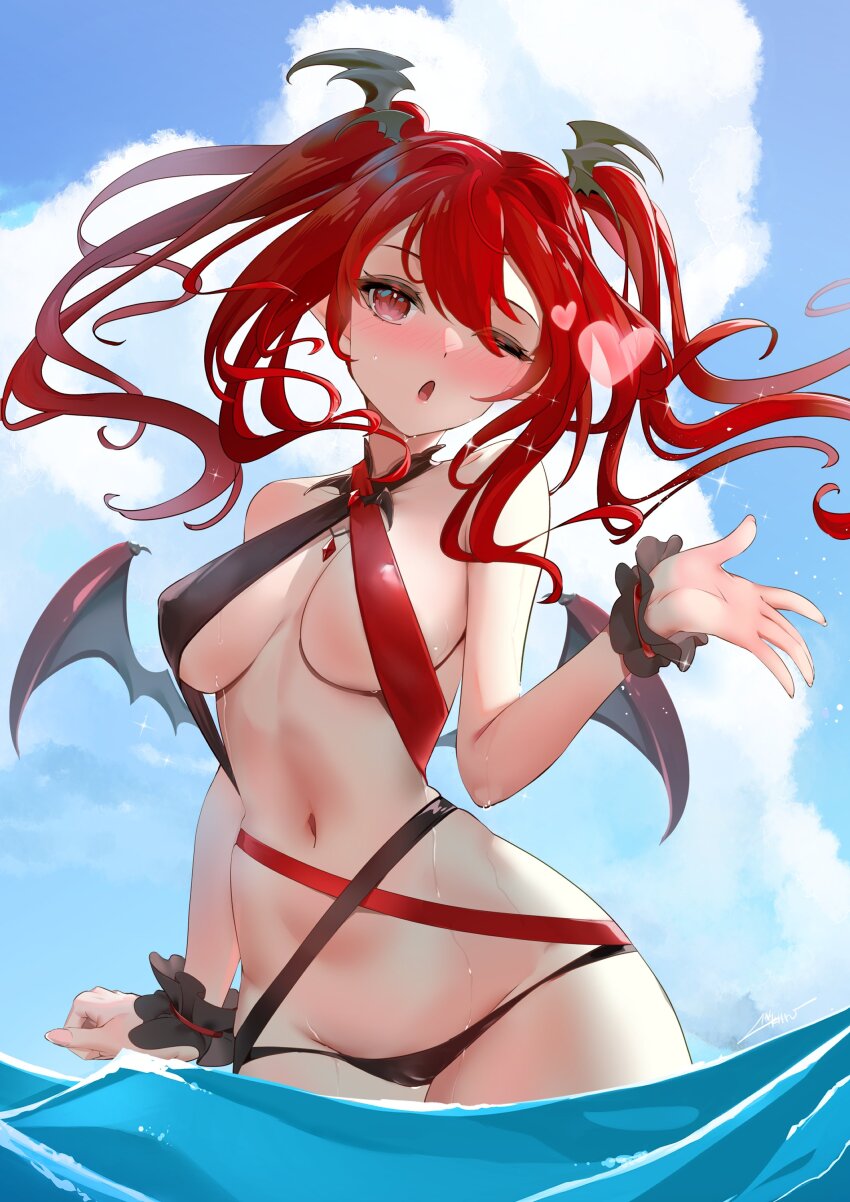 1girl absurdres bat_wings bikini black_bikini blue_sky blush breasts cleavage cloud head_wings heart highres indie_virtual_youtuber littleling long_hair looking_at_viewer multicolored_bikini one_eye_closed pbjae pointy_ears red_bikini red_eyes second-party_source sky solo swimsuit thick_thighs thighs twintails two-tone_bikini virtual_youtuber wading water wings