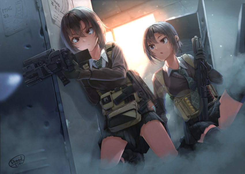 2girls artist_name b&amp;t_mp9 black_hair brown_eyes bullpup camera commentary_request corner_shot_holdings cornershot cornershot_standard day dreadtie earphones extended_magazine flashlight glock glock_18 gloves gun hair_between_eyes handgun holding holding_gun holding_weapon indoors knee_pads kneeling laser_aiming_module laser_sight lcd_monitor machine_pistol magazine_(weapon) monitor multiple_girls necktie original pleated_skirt poster_(object) safe_shield_technologies school_uniform short_hair shotgun shotgun_shell shoulder-stocked_handgun skirt submachine_gun sweater tactical_light thighhighs weapon