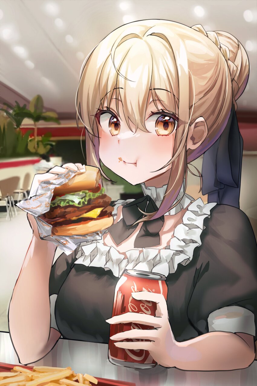 1girl :t absurdres alternate_costume archived_source artoria_pendragon_(fate) bad_id bad_twitter_id black_bow black_bowtie black_dress blurry blurry_background bow bowtie breasts brown_eyes burger can choker coca-cola collarbone dress drink_can eating eyelashes fate/hollow_ataraxia fate_(series) food food_on_face french_fries frilled_choker frilled_dress frills hair_between_eyes hair_bun hand_up highres holding indoors looking_at_viewer maid medium_breasts nagul puffy_short_sleeves puffy_sleeves saber_alter short_sleeves sidelocks sitting soda_can solo upper_body