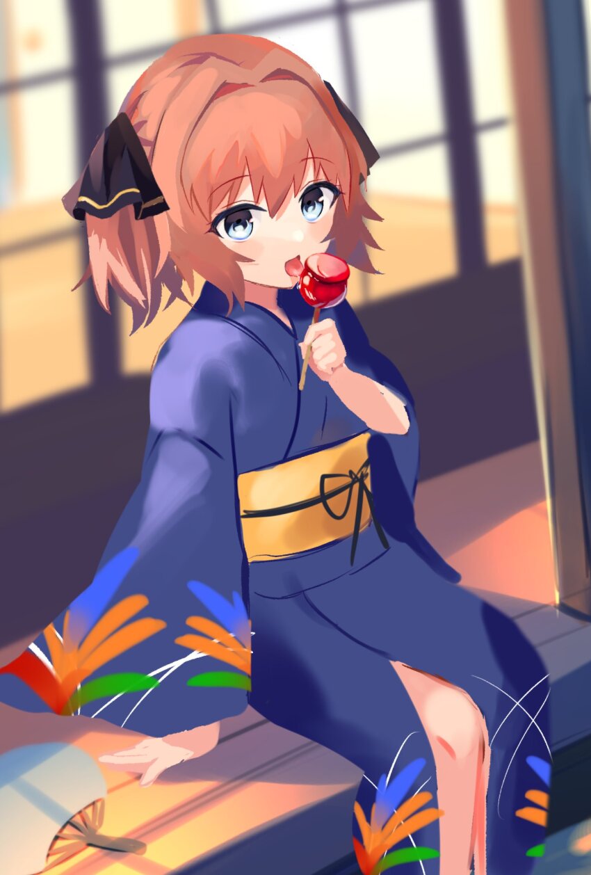 1girl architecture black_ribbon blue_eyes blue_kimono blush brown_hair building candy_apple child east_asian_architecture food hachijou_(kancolle) hair_ribbon highres japanese_clothes kantai_collection kimono long_sleeves night obi outdoors print_kimono ribbon sash senbei_(senbe_i) short_hair sitting sliding_doors solo yukata