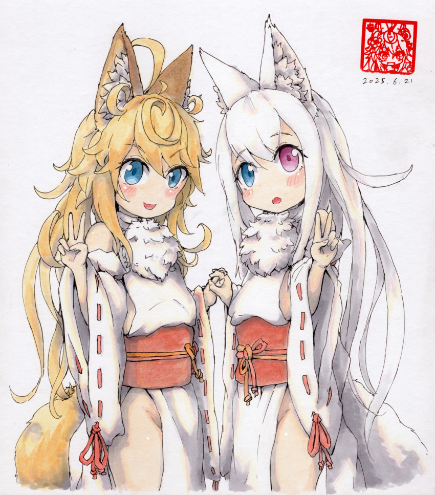 2girls ahoge animal_ear_fluff animal_ears blonde_hair blue_eyes blush detached_sleeves fox_ears fox_girl fox_tail heterochromia highres japanese_clothes kazekiri loli long_hair looking_at_viewer multiple_girls no_panties open_mouth original pelvic_curtain smile tail thighs white_hair white_sleeves